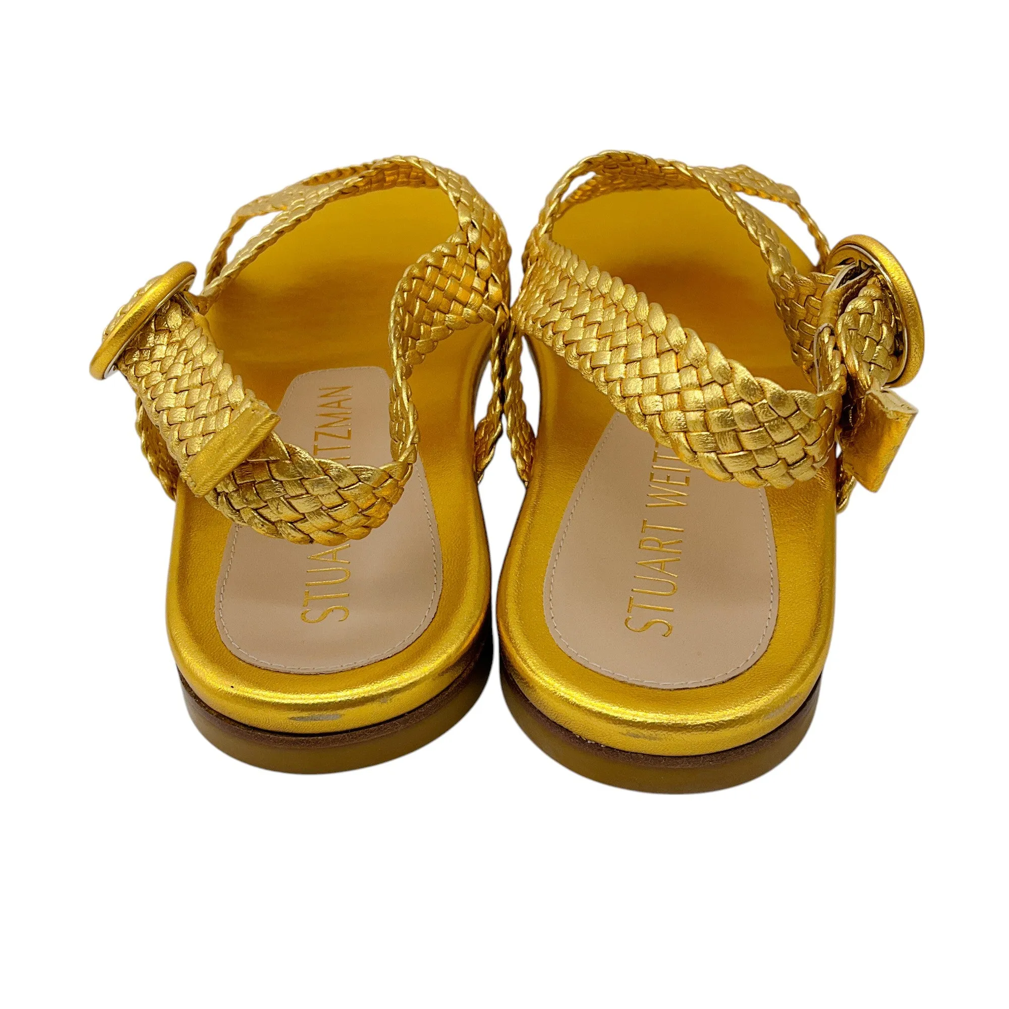 Stuart Weitzman Gold Metallic Teodora Woven Leather Flat Sandals