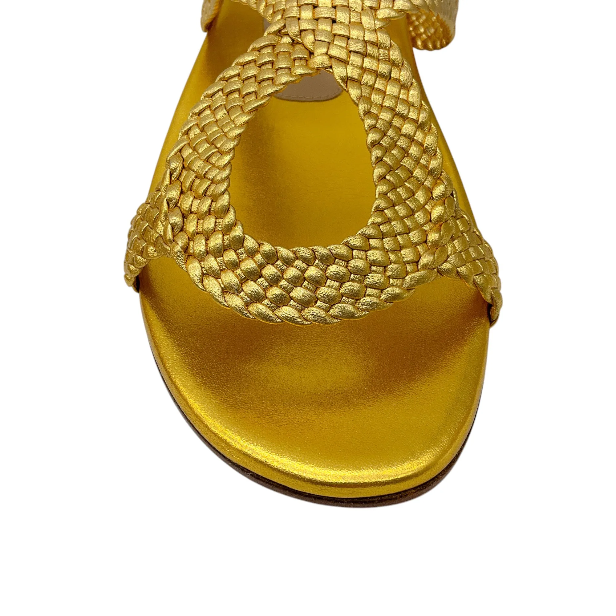 Stuart Weitzman Gold Metallic Teodora Woven Leather Flat Sandals