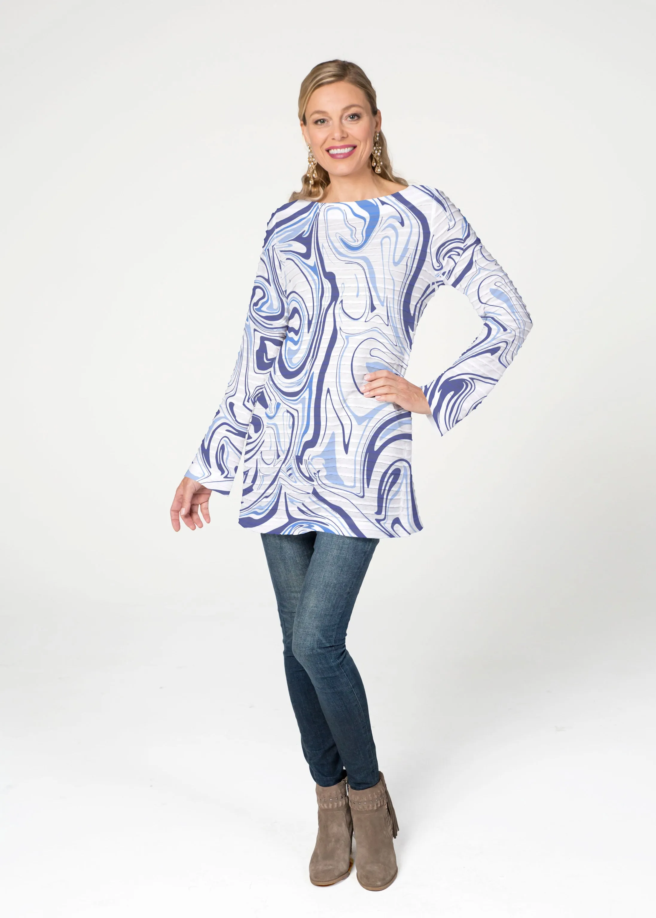 Swirly Blue (8076) ~ Banded Boatneck Tunic