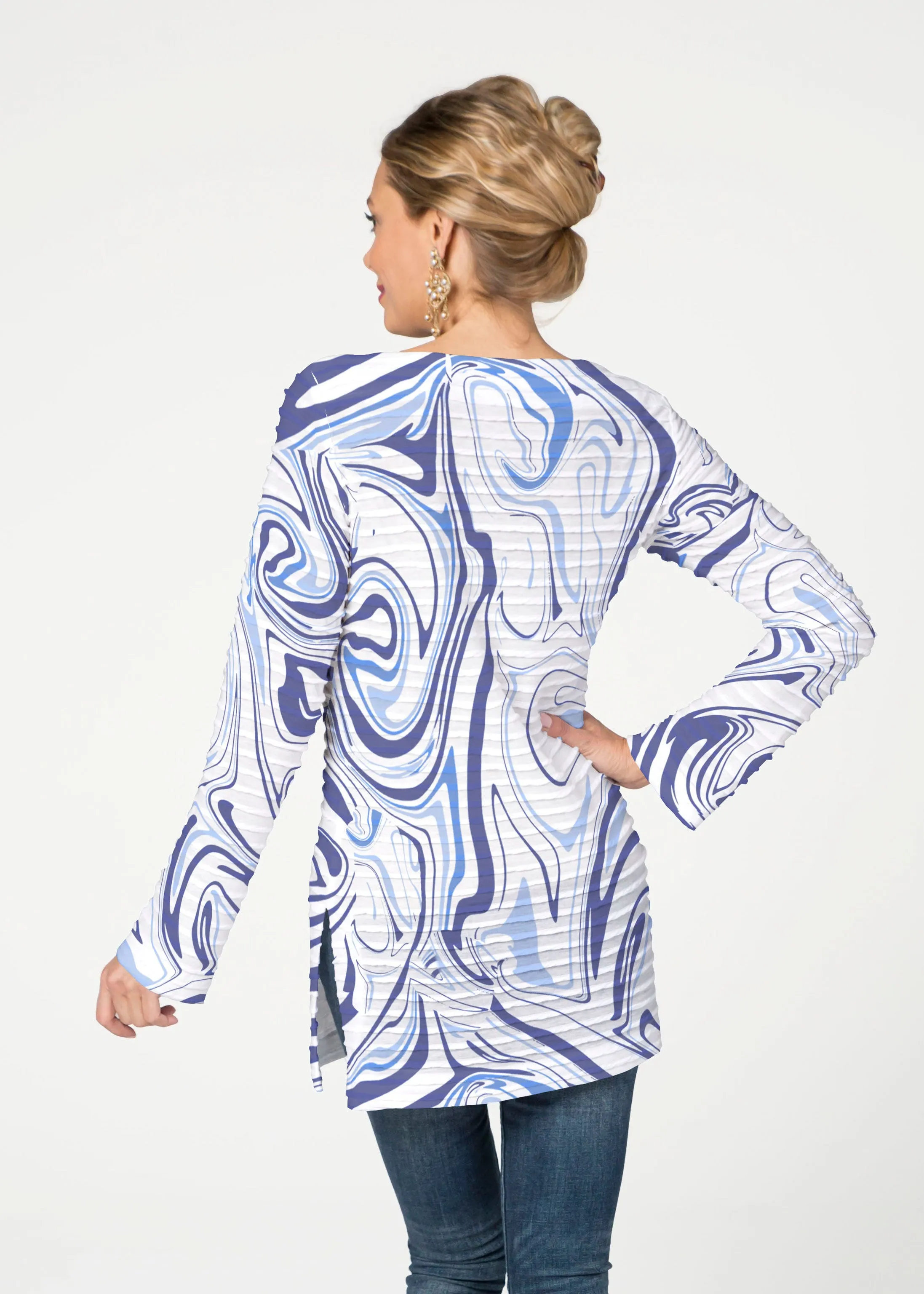Swirly Blue (8076) ~ Banded Boatneck Tunic
