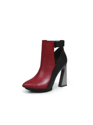 Triangled Silver High Heel Claret Leather Cut Out Ankle Boots