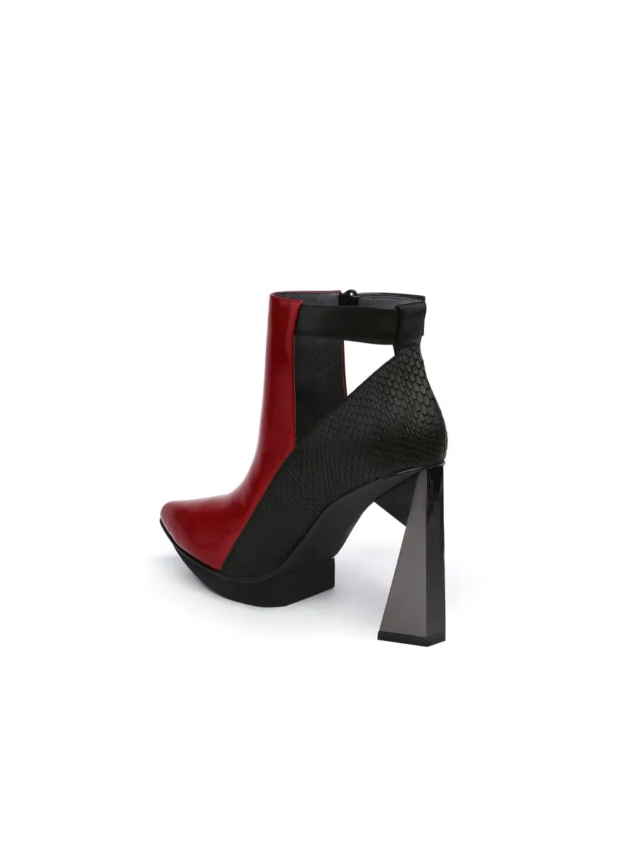 Triangled Silver High Heel Claret Leather Cut Out Ankle Boots
