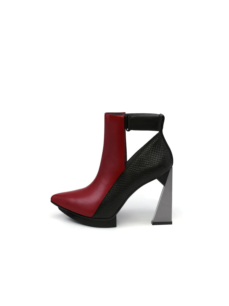 Triangled Silver High Heel Claret Leather Cut Out Ankle Boots