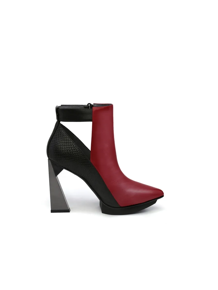 Triangled Silver High Heel Claret Leather Cut Out Ankle Boots