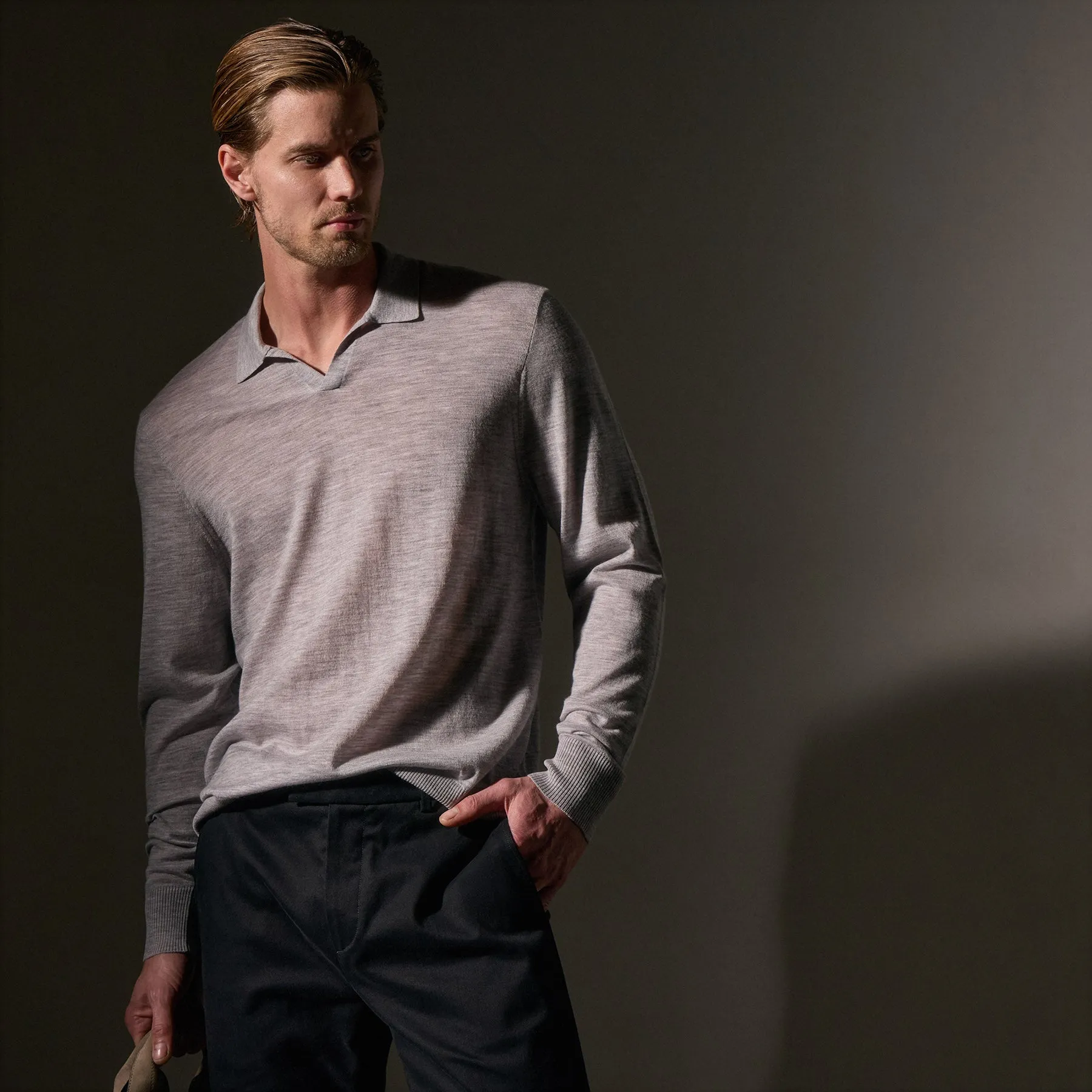 Ultra Fine Cashmere Open Polo - Light Heather Grey