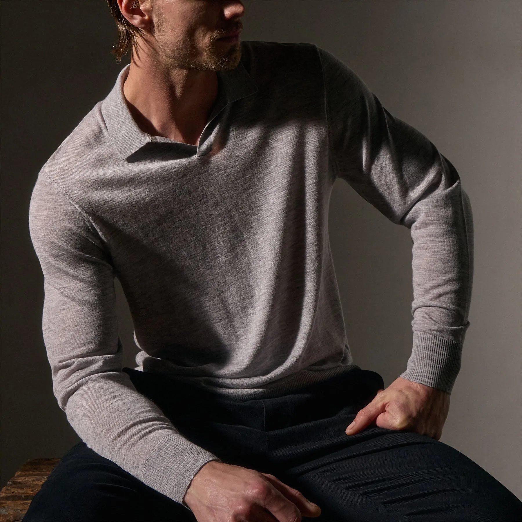 Ultra Fine Cashmere Open Polo - Light Heather Grey
