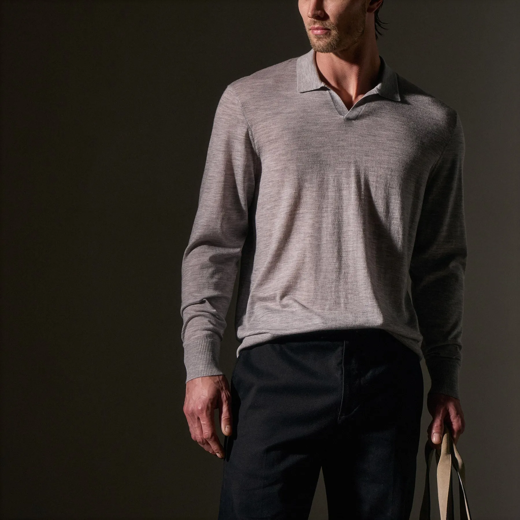 Ultra Fine Cashmere Open Polo - Light Heather Grey