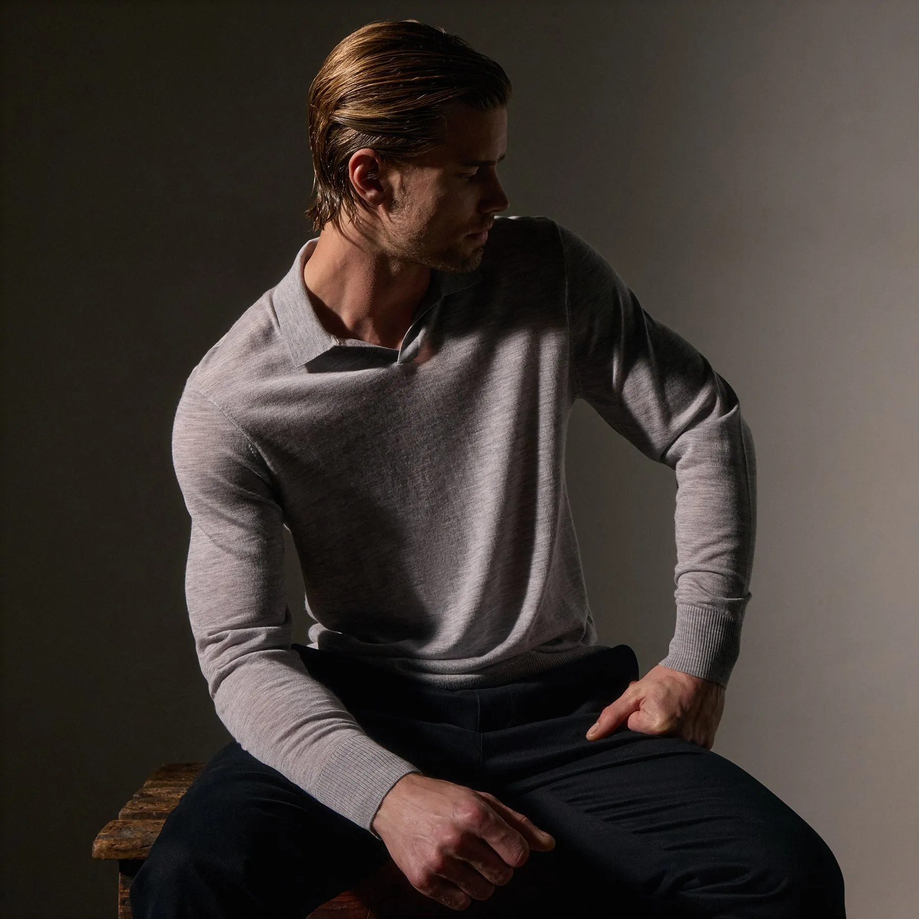 Ultra Fine Cashmere Open Polo - Light Heather Grey
