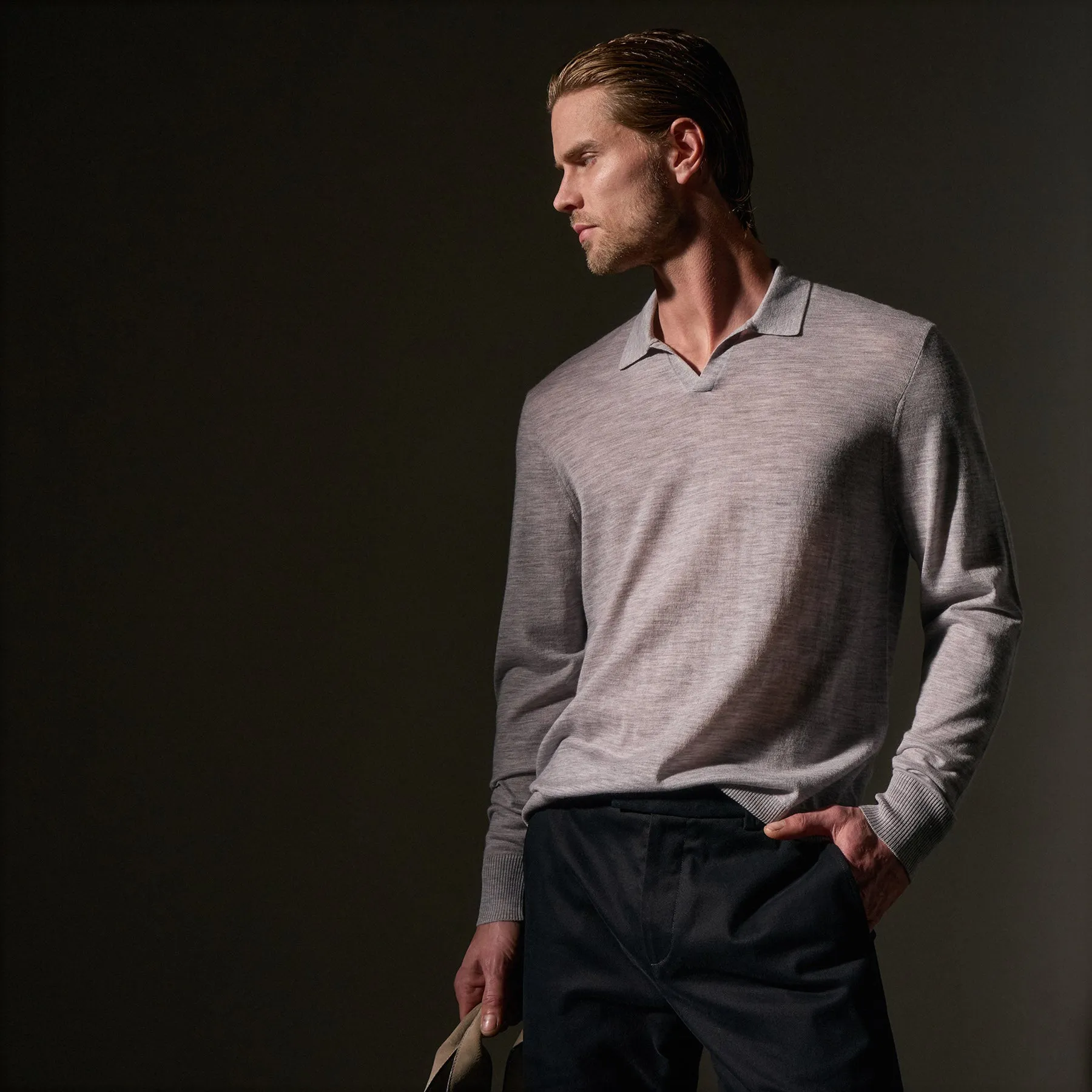 Ultra Fine Cashmere Open Polo - Light Heather Grey
