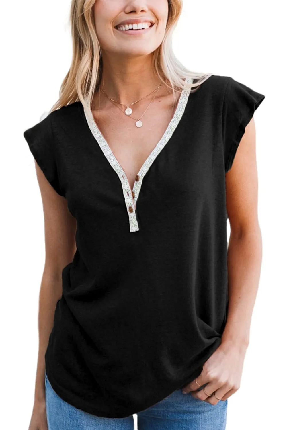 V Neck Buttoned Lace Trim Short Sleeve Tee