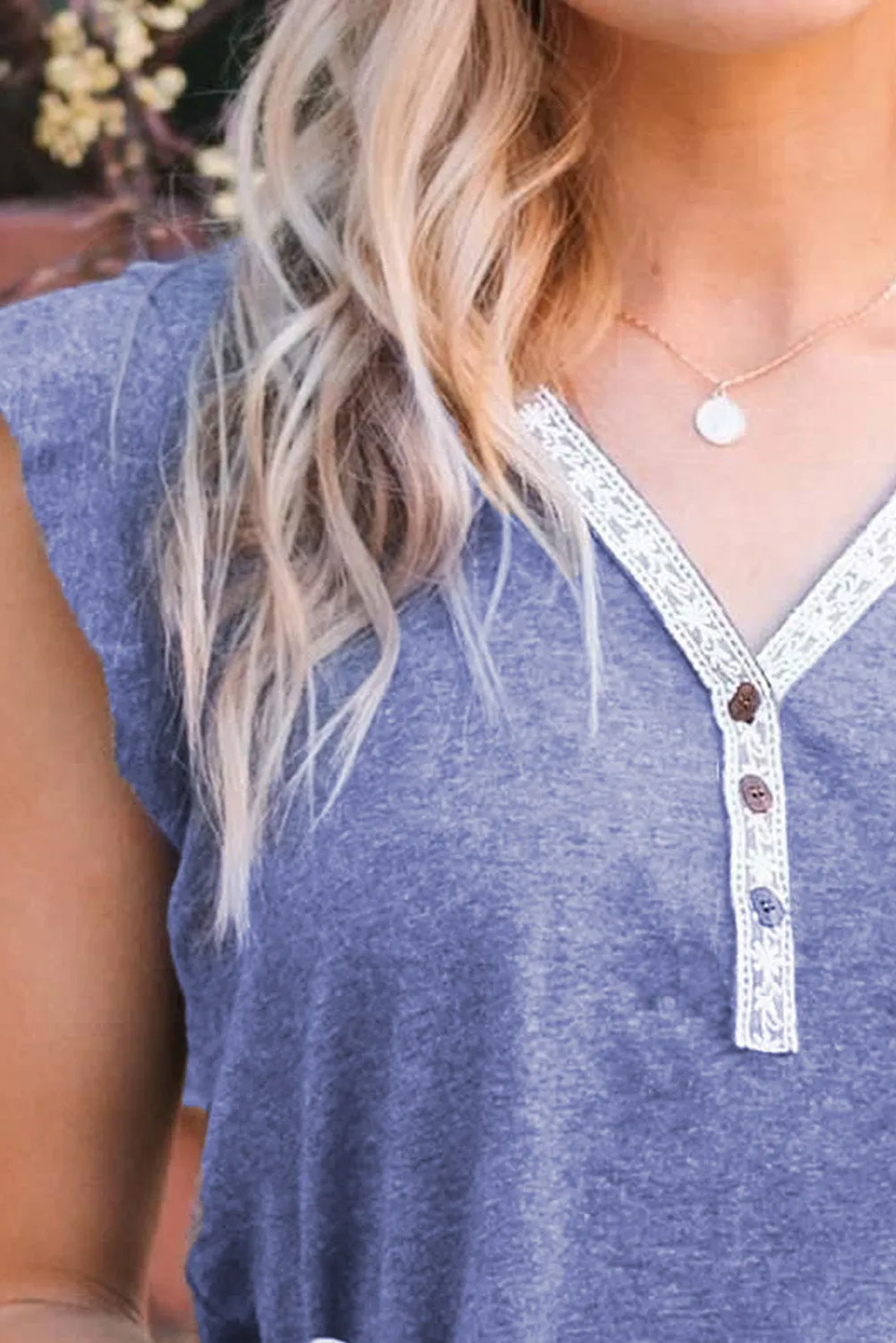 V Neck Buttoned Lace Trim Short Sleeve Tee