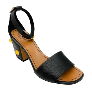 Valentino Black Grained Calfskin Roman Stud Ankle Strap 75mm Sandals
