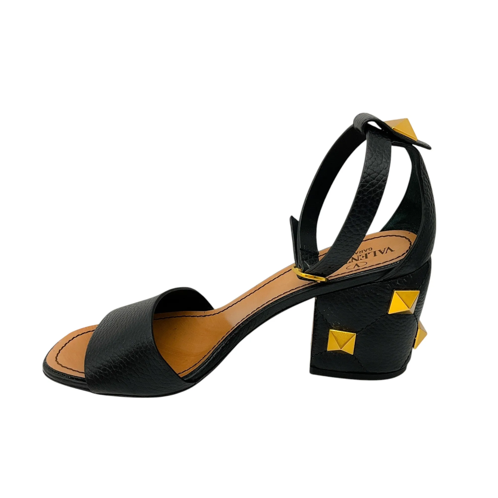 Valentino Black Grained Calfskin Roman Stud Ankle Strap 75mm Sandals
