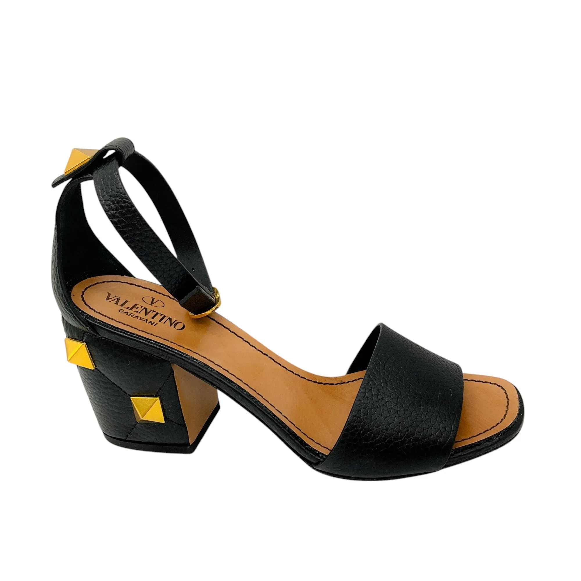 Valentino Black Grained Calfskin Roman Stud Ankle Strap 75mm Sandals