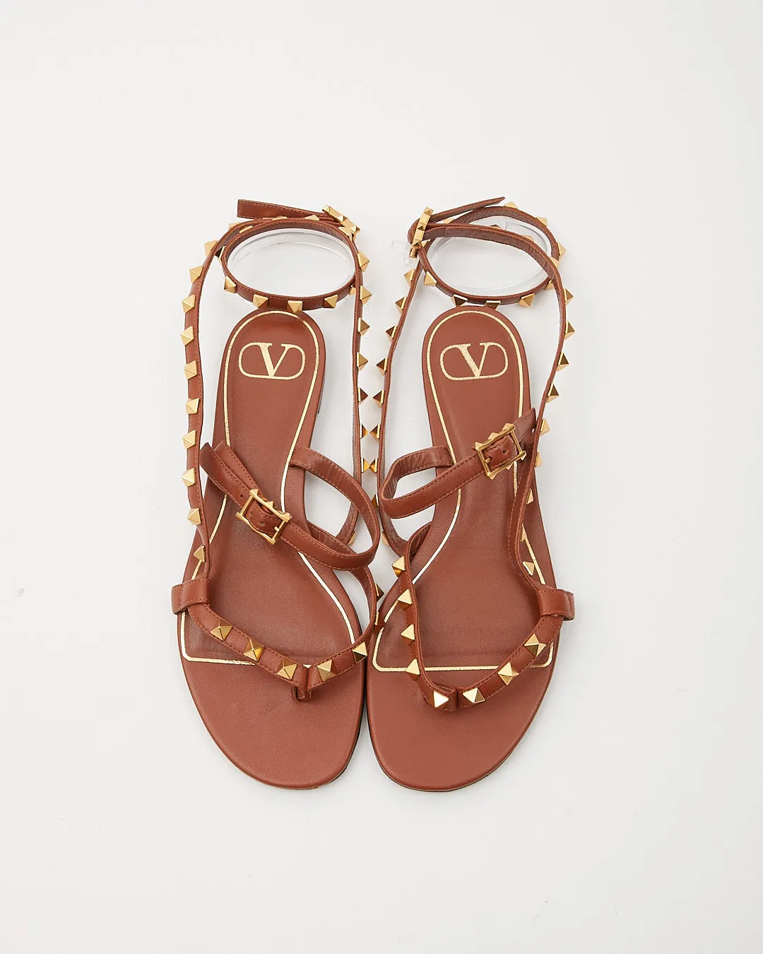 Valentino Tan Leather Rockstud Strap Sandals - 37