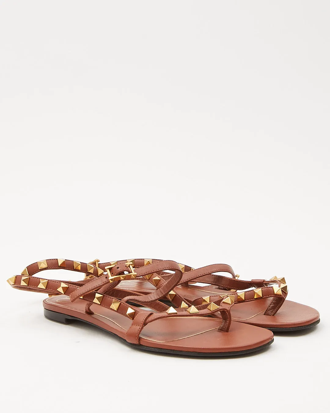 Valentino Tan Leather Rockstud Strap Sandals - 37