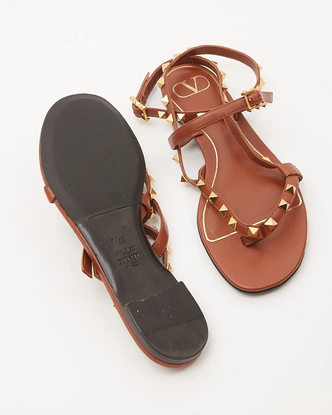 Valentino Tan Leather Rockstud Strap Sandals - 37