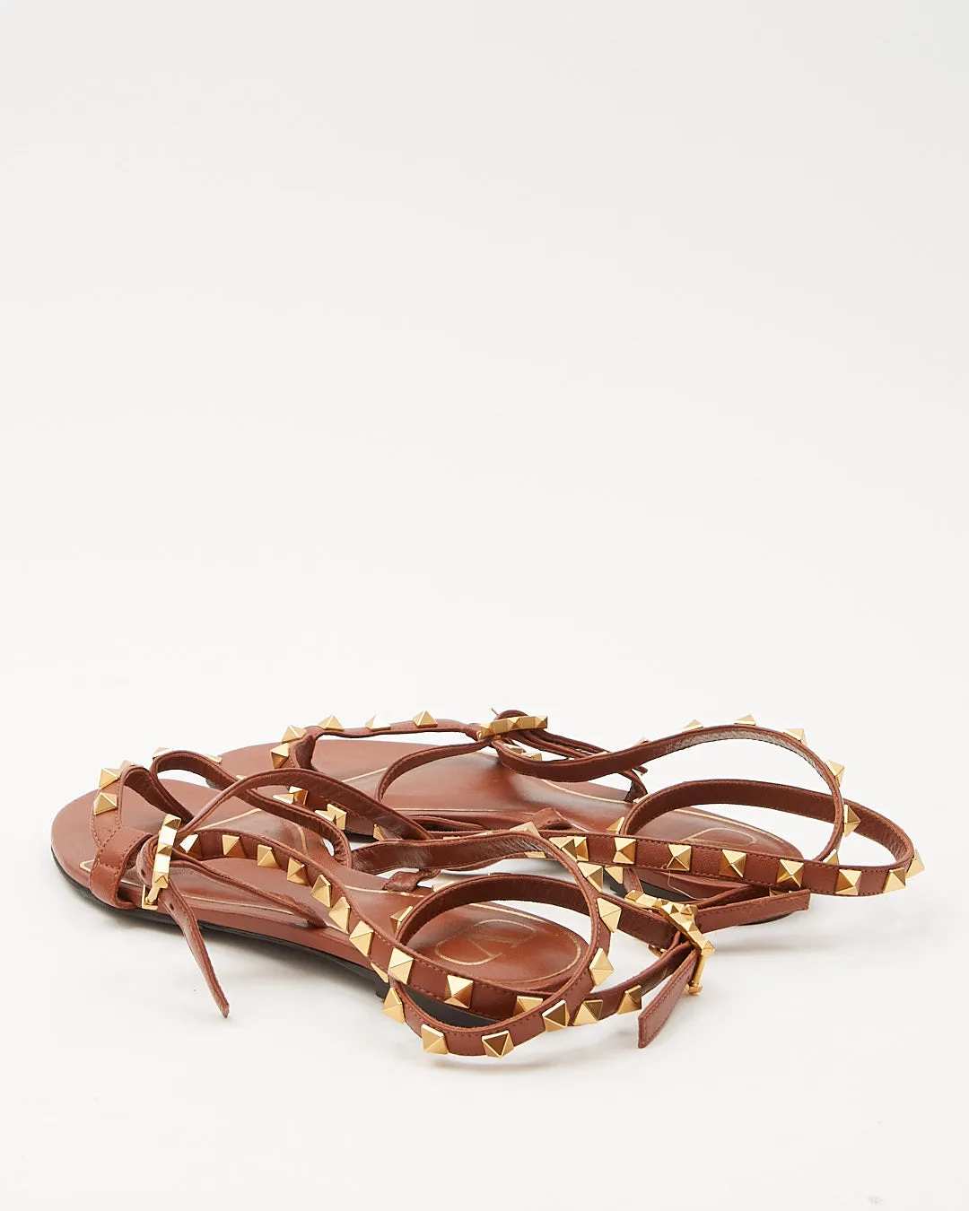 Valentino Tan Leather Rockstud Strap Sandals - 37
