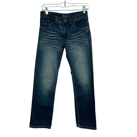 Vintage Y2K Grunge Straight Leg Mid-Rise Dark Wash Feathered Jeans 14 Leather