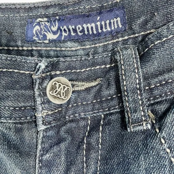 Vintage Y2K Grunge Straight Leg Mid-Rise Dark Wash Feathered Jeans 14 Leather