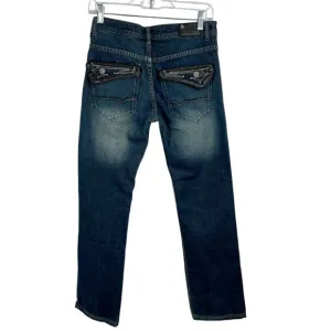 Vintage Y2K Grunge Straight Leg Mid-Rise Dark Wash Feathered Jeans 14 Leather