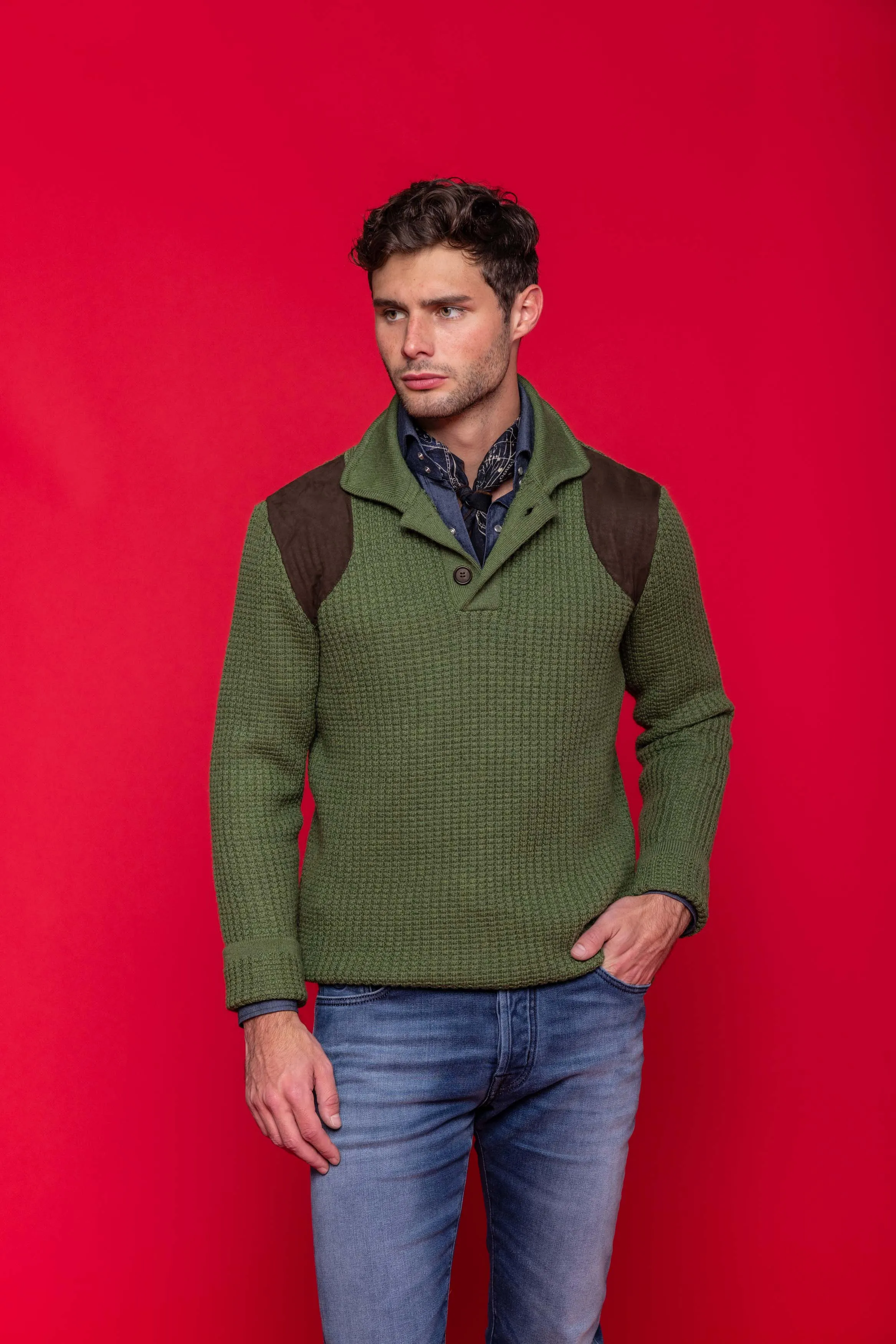Waffle Knit Collared Sweater in Green