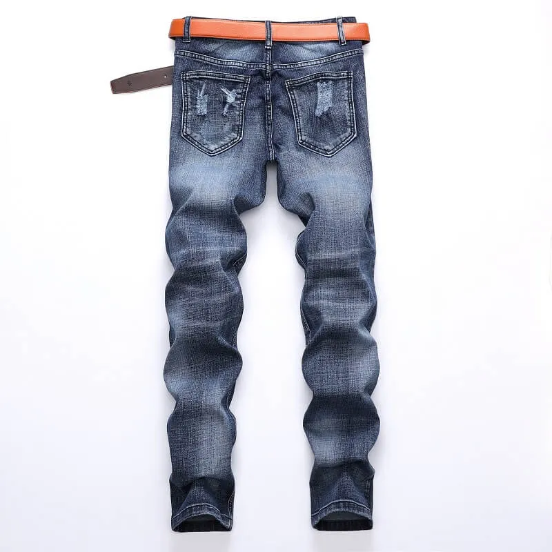 Washed Fashion Straight Pants Men's Ripped Mid Waist Jeans