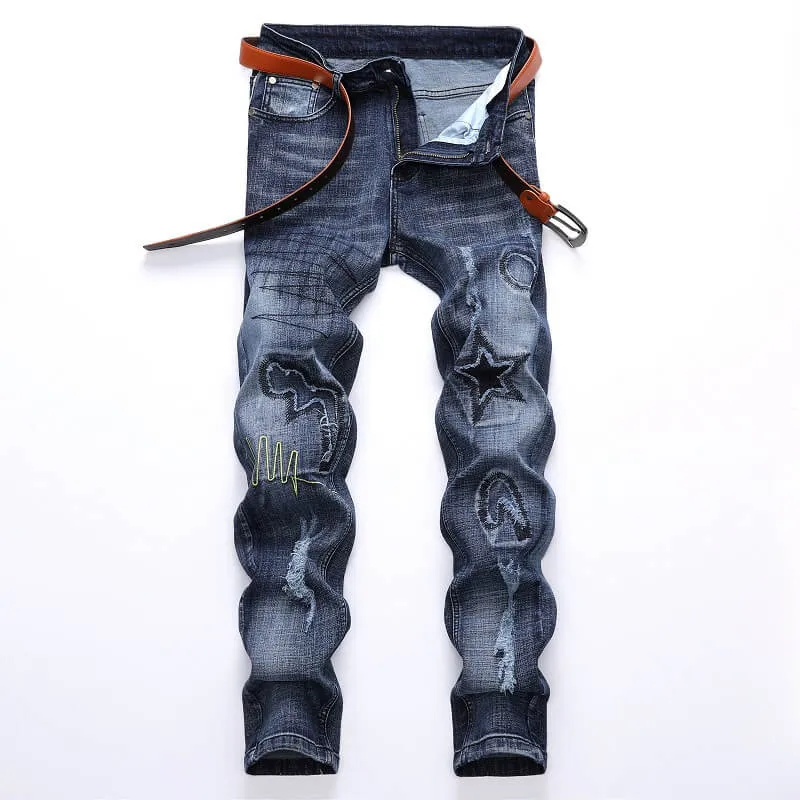 Washed Fashion Straight Pants Men's Ripped Mid Waist Jeans