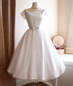 WHITE ROUND NECK TULLE RETRO SHORT PROM/WEDDING DRESS, BRIDESMAID DRESS