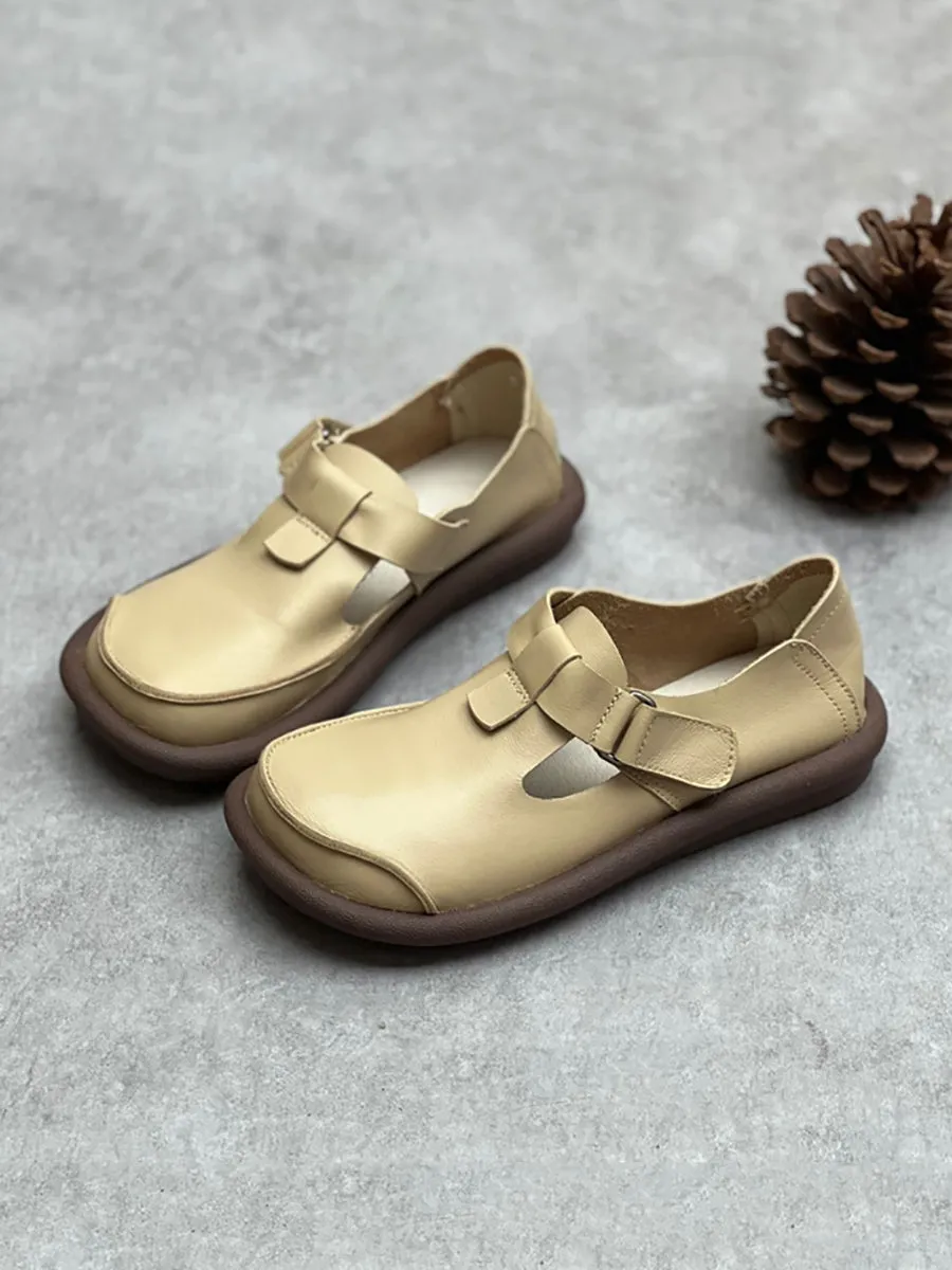 Women England Style Soft Leather Solid Flat Shoes