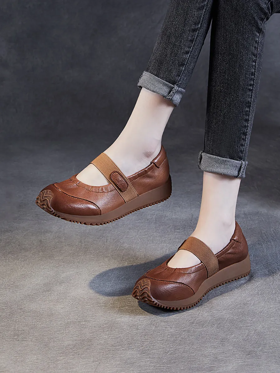 Women Summer Retro Solid Leather Platform Shoes